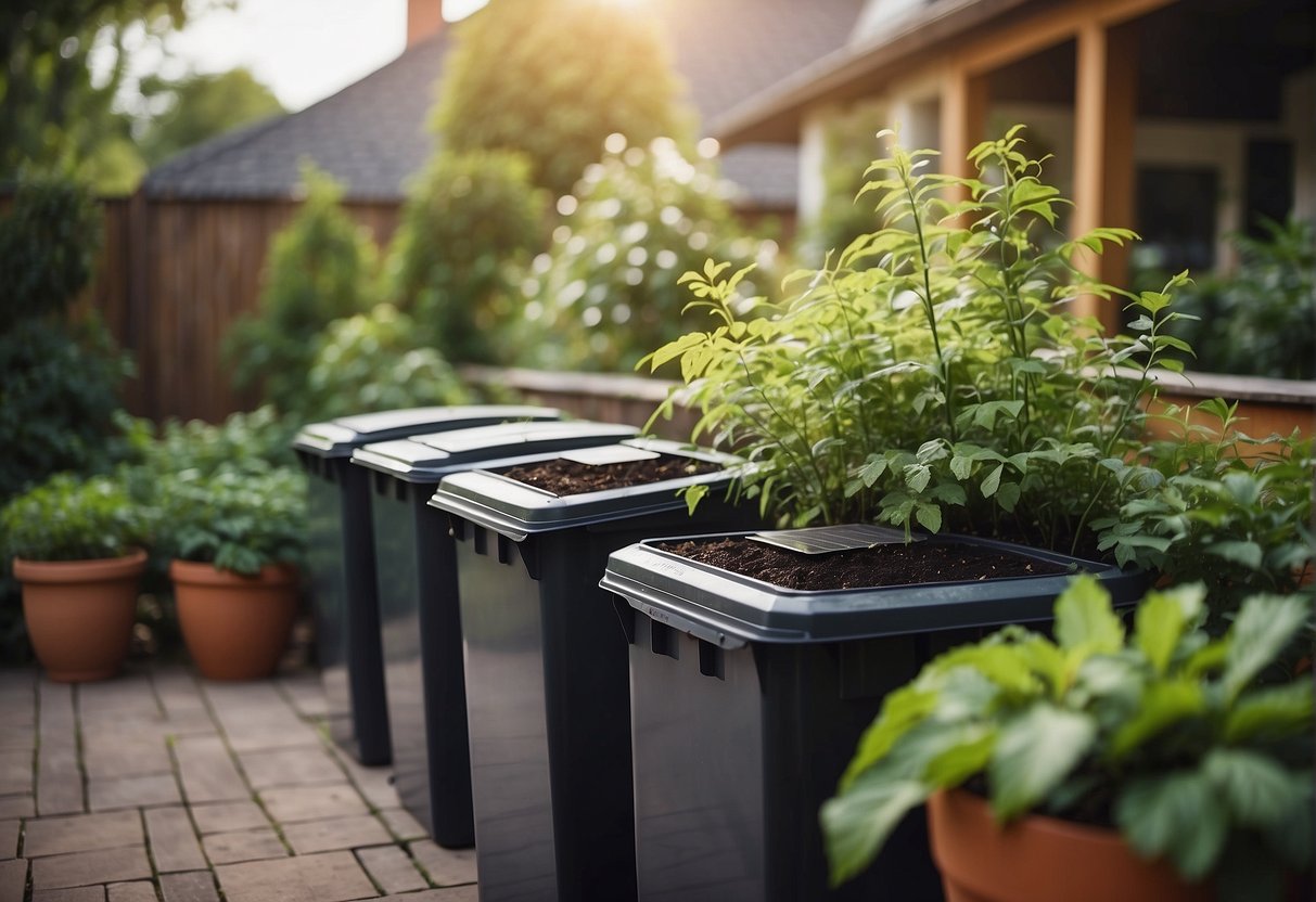 A lush garden with a compost bin, solar panels on the roof, and rain barrels collecting water
