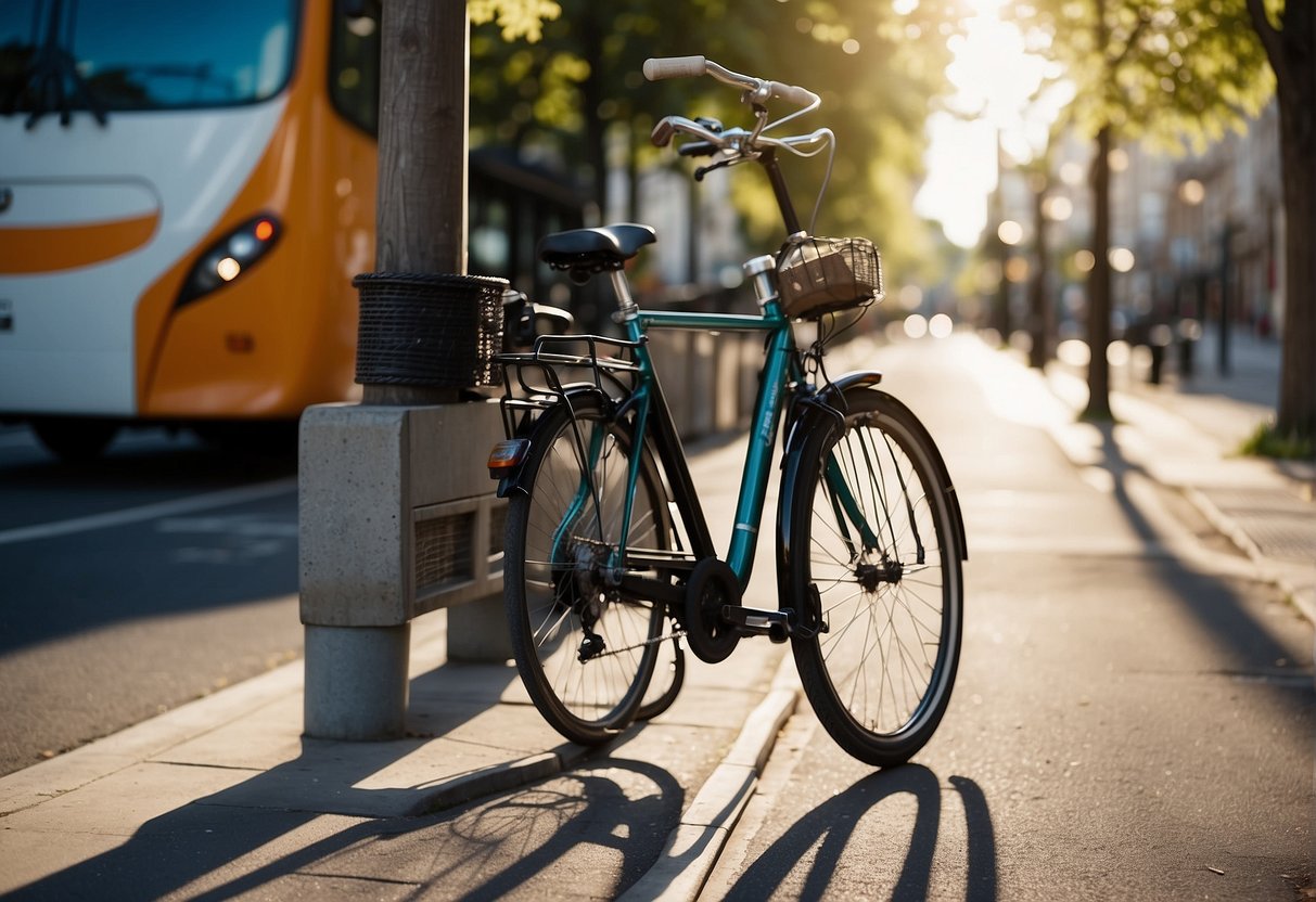 A bicycle parked next to a bus stop with a tree-lined street and a pedestrian walkway, showcasing sustainable transportation options