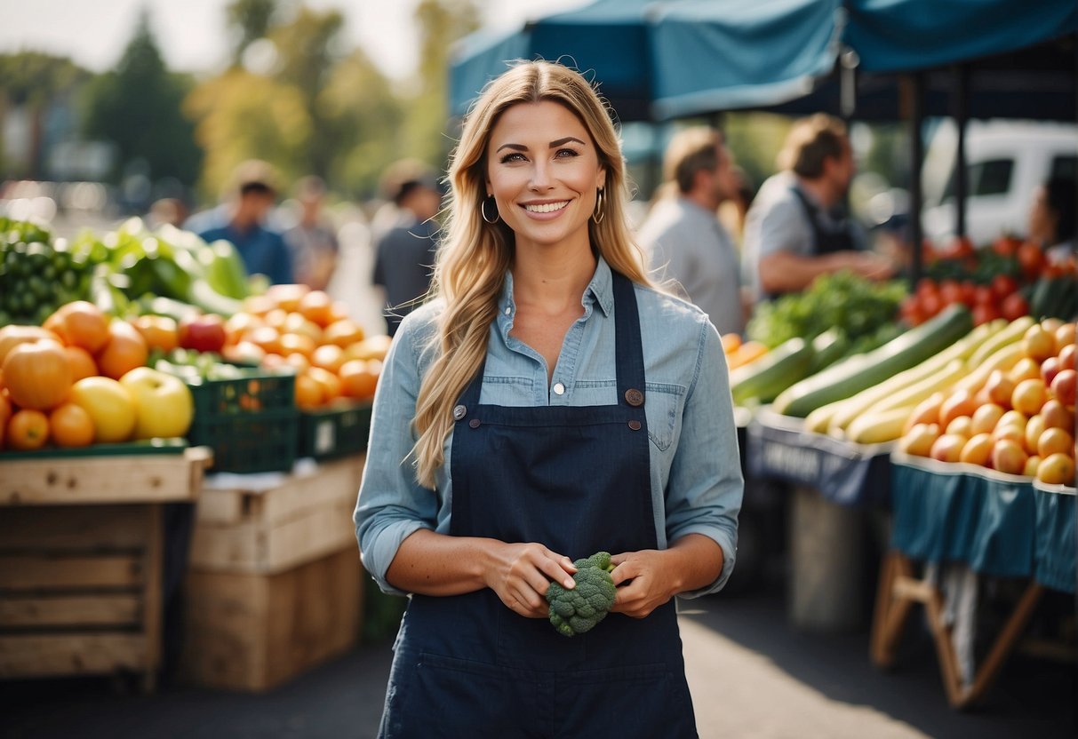 A farmer's market with colorful produce, reusable bags, and eco-friendly signage. Shoppers are smiling and engaging with vendors