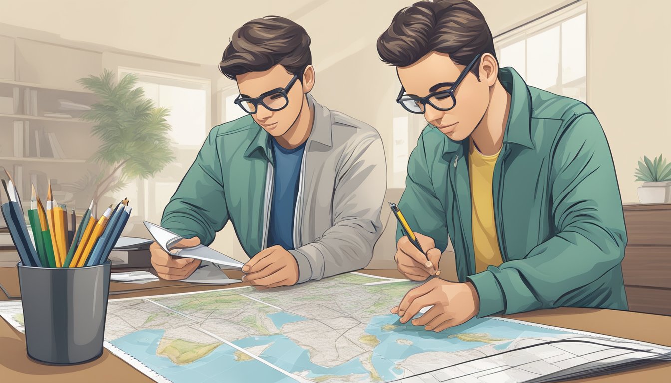 A person studies a land parcel map, with a magnifying glass and ruler on a desk