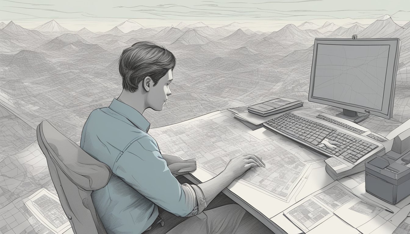 A person struggles to interpret a complex land parcel map, surrounded by scattered papers and a computer screen