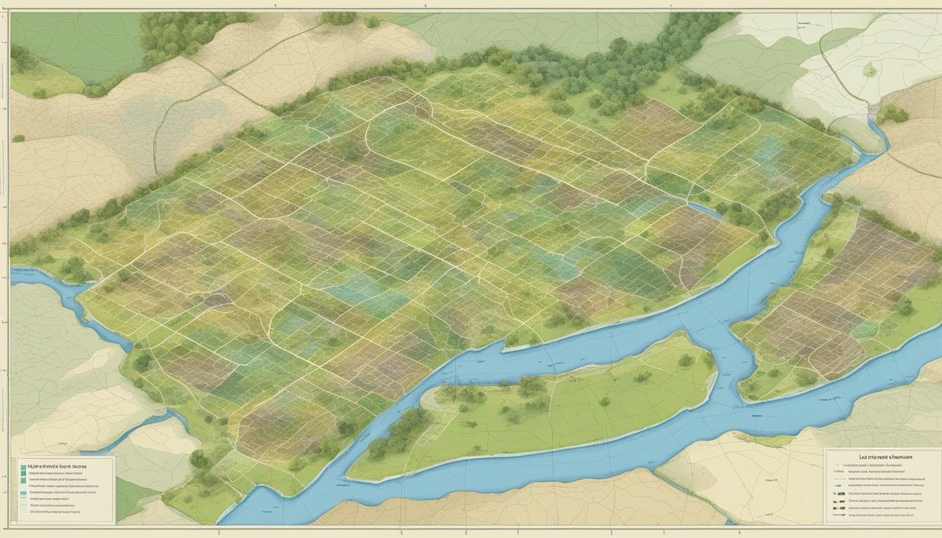 A land parcel map shows various types of land divisions, such as lots, blocks, and tracts, with clearly marked boundaries and dimensions