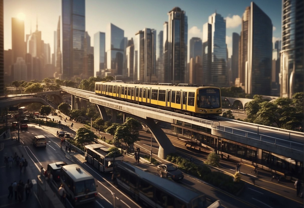 A bustling cityscape with skyscrapers, crowded streets, and public transportation, showcasing the diverse layout and infrastructure of urban geography