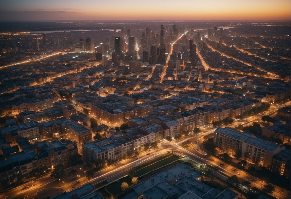 An aerial view of a cityscape with diverse neighborhoods, transportation networks, and public spaces, reflecting the impact of public policy on urban development