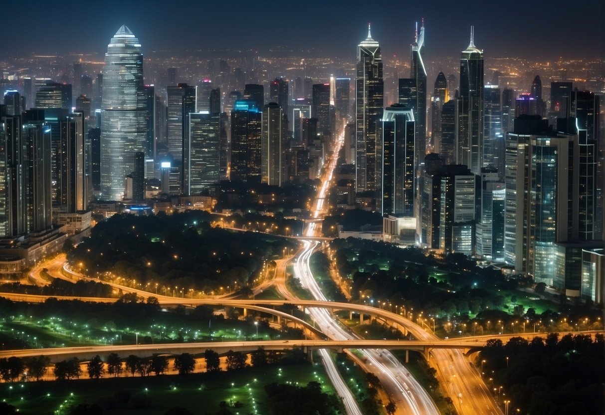 A bustling cityscape with skyscrapers, bustling streets, and public transportation. Green spaces and mixed-use developments reflect urban geography's focus on sustainability and connectivity