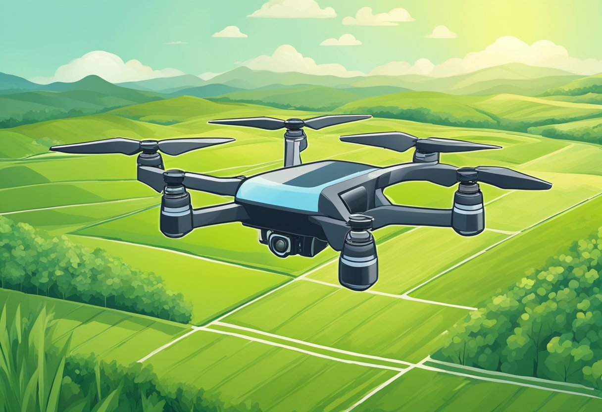 A drone hovers above a lush green field, capturing data for GIS mapping in agriculture. Rows of crops stretch into the distance, while the drone's camera captures detailed images of the landscape